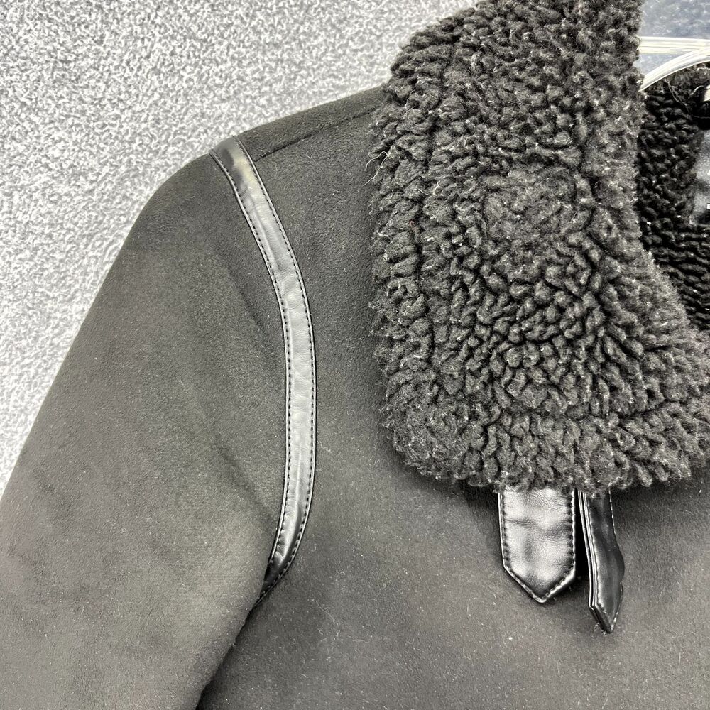 Zara Motorcycle Jacket Women XS Black Black Double Sided Strap Faux Suede Fleece - Picture 5 of 16